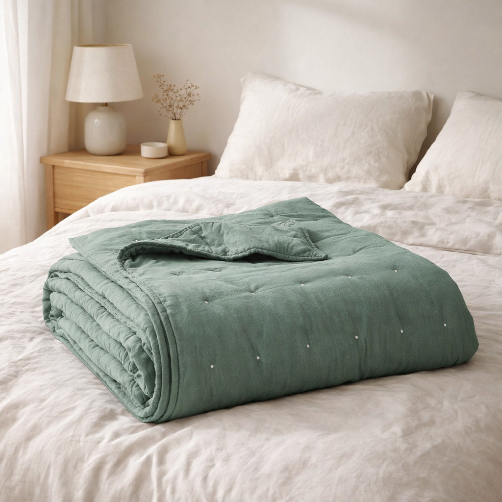 Jeté de lit stonewashed Zeff Vert de gris 240 x 260 en situation