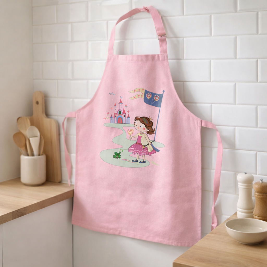 Tablier de cuisine enfant Princesse et grenouille recyclé Rose 52 x 63 en situation