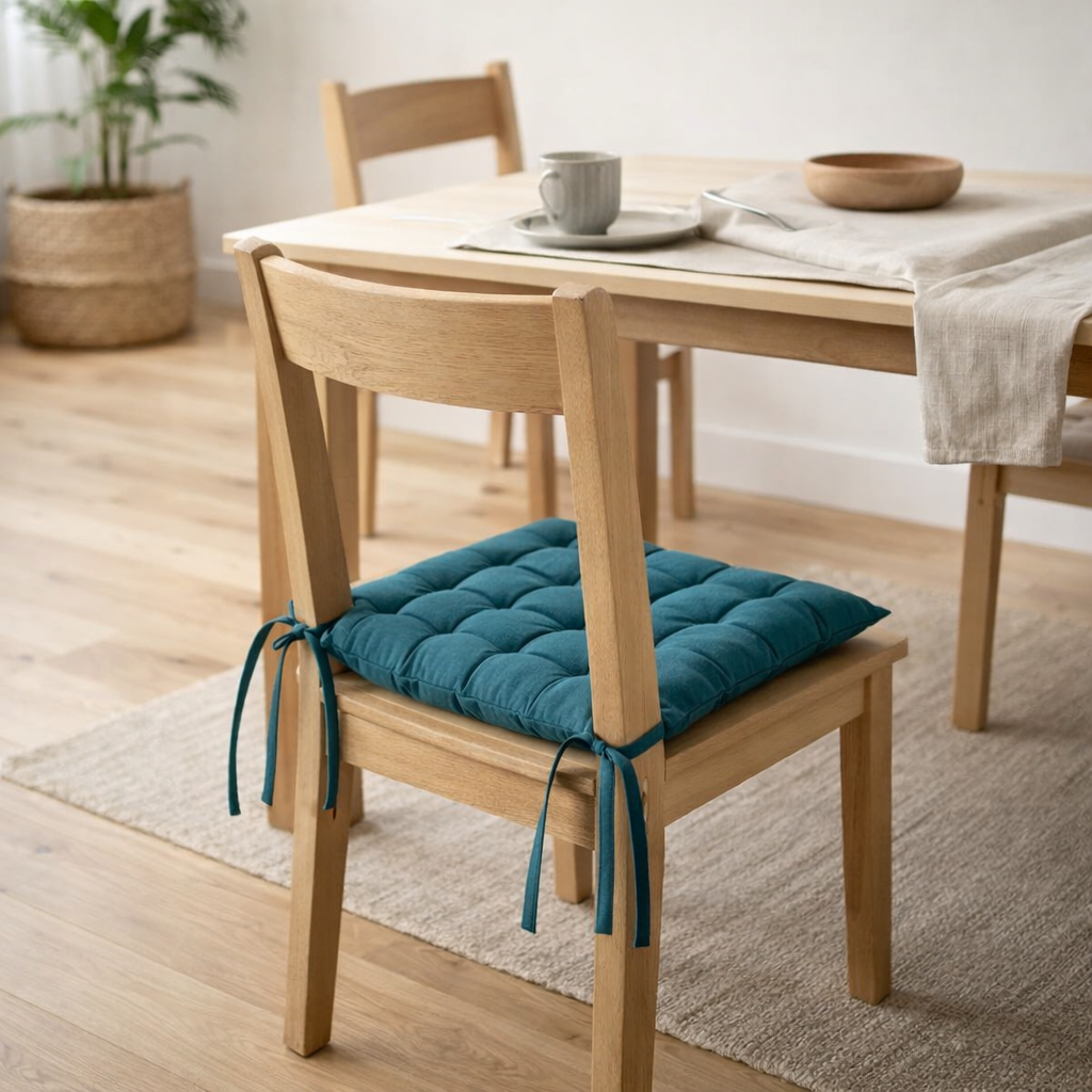 Galette de chaise 36 points Zea recyclée Paon 38 x 38 x 3 cm en situation