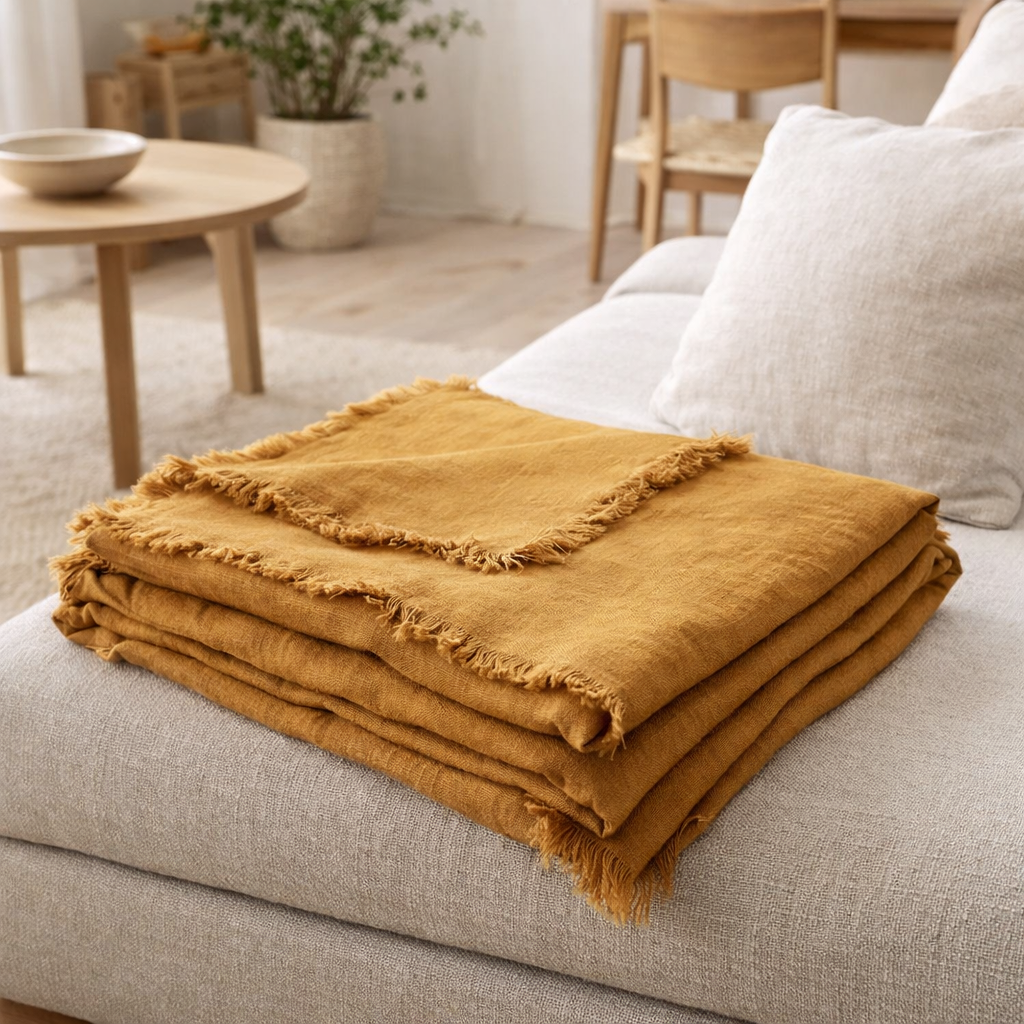 Plaid Zeff Nomade Ocre 130 x 180 en situation