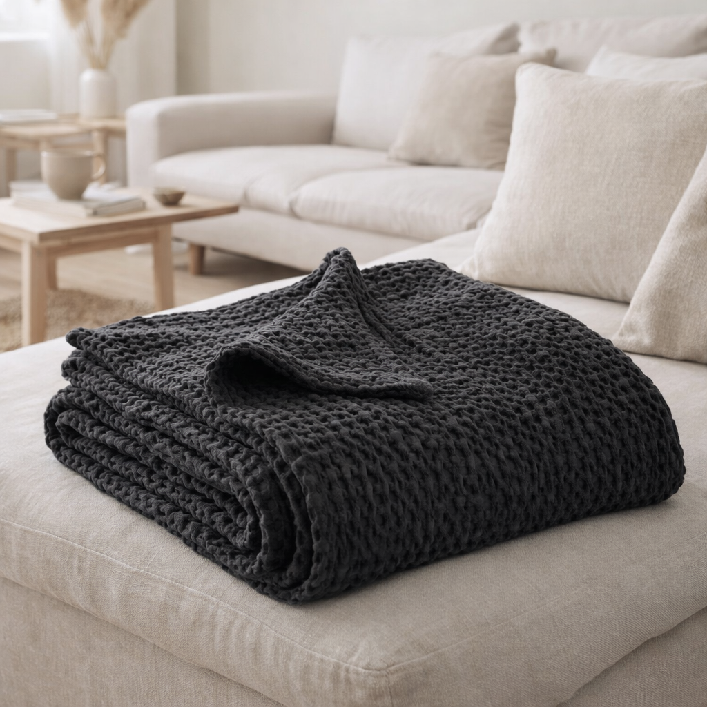 Plaid Stonewashed Tana Carbone 140 X 200 en situation