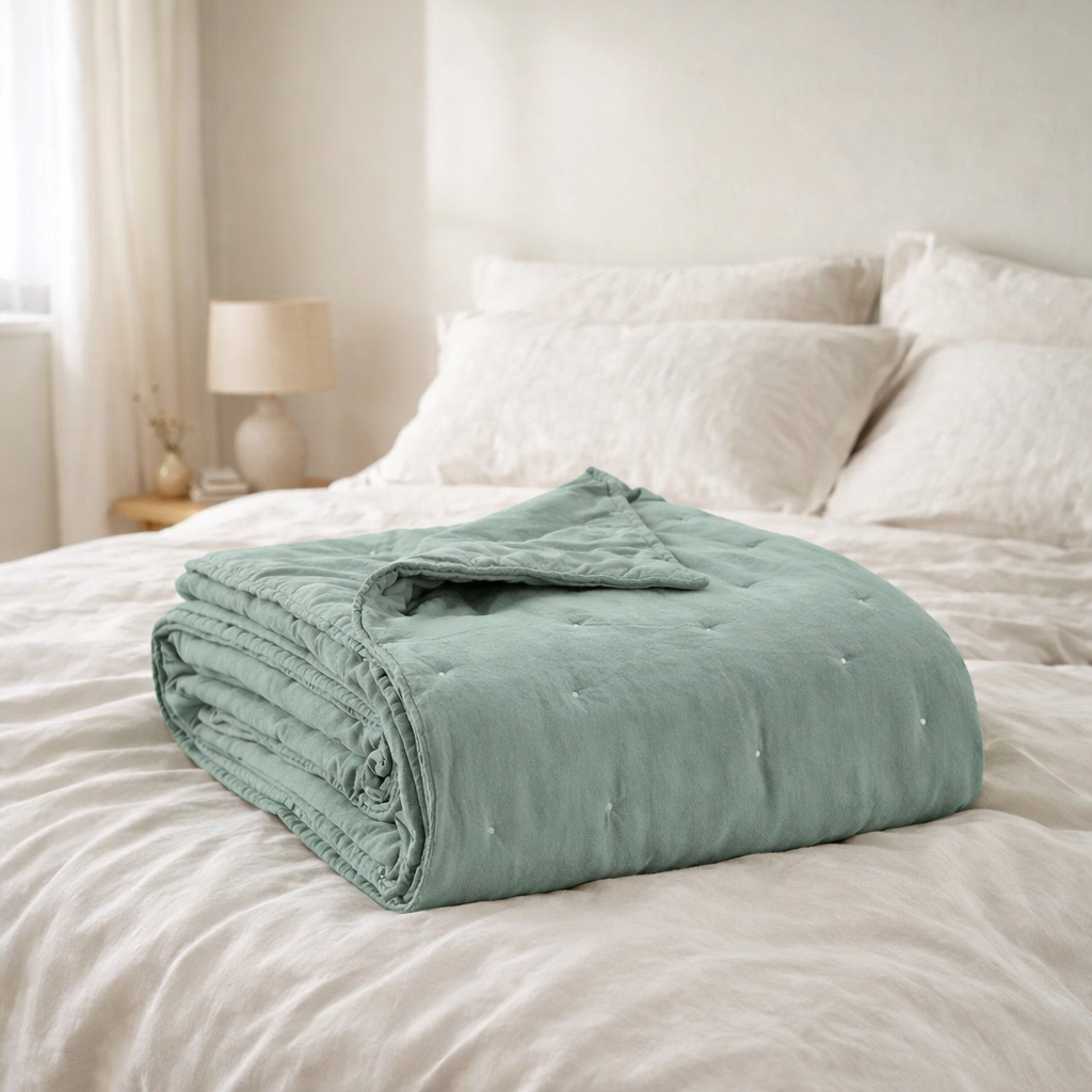 Jeté de lit Stonewashed Zeff Vert de gris 180 x 260 en situation