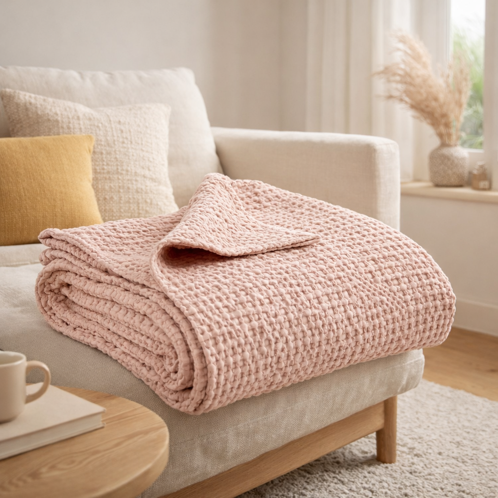 Plaid stonewashed Tana Aubepine 140 x 200 en situation