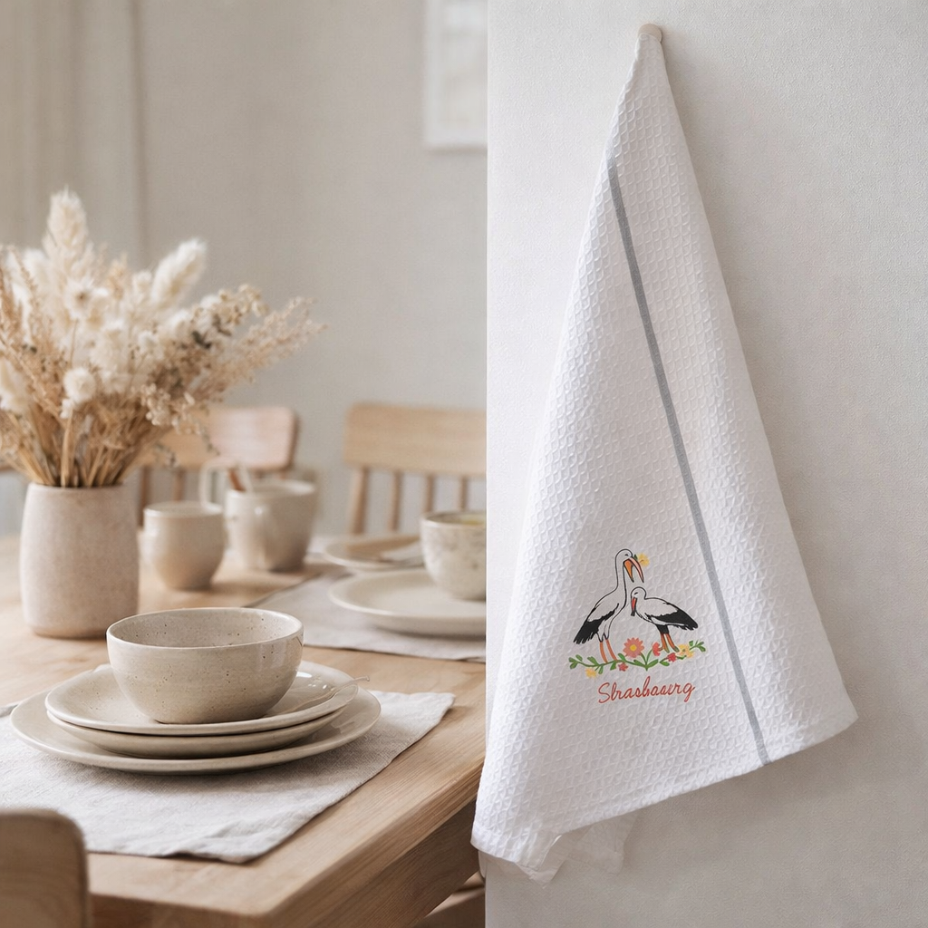 Torchon nid d'abeilles brodé Blom Strasbourg Blanc/gris 50 x 70 en situation