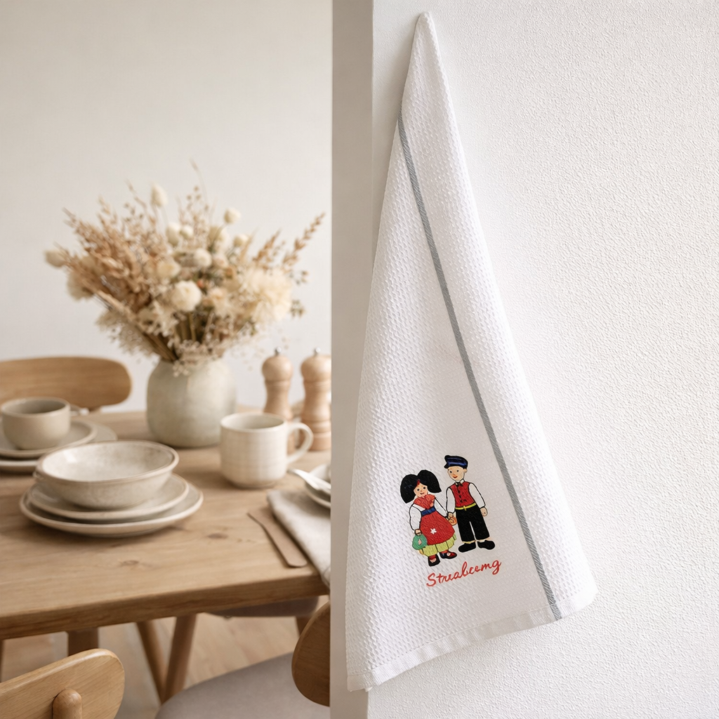 Torchon nid d'abeilles Couple enfants Strasbourg Blanc/gris 50 x 70 en situation