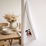 Torchon nid d'abeilles Couple enfants Strasbourg Blanc/gris 50 x 70 en situation
