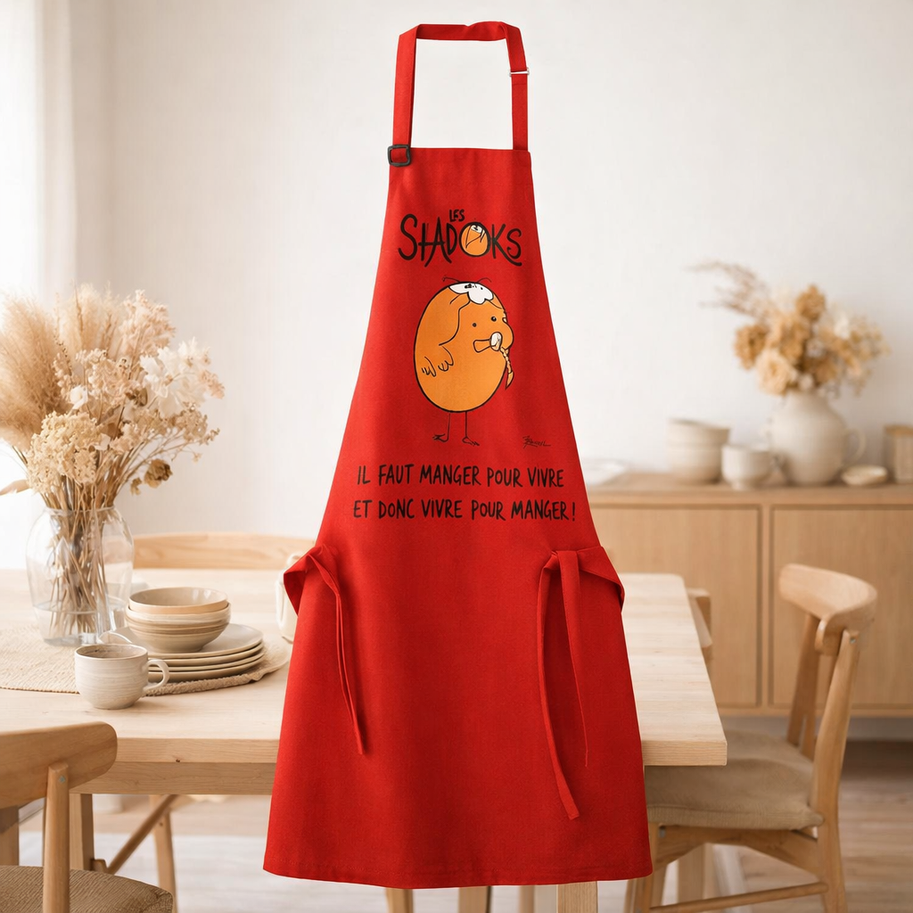 Tablier de cuisine Shadoks Glouton recyclé Rouge 72 x 90 en situation