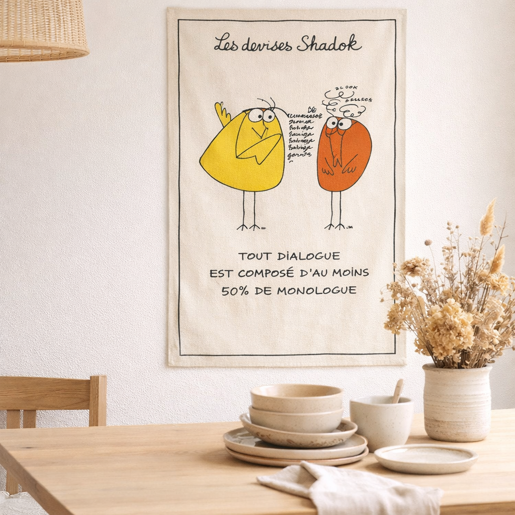 Torchon Shadoks Dialogue Ecru 48 x 72 en situation