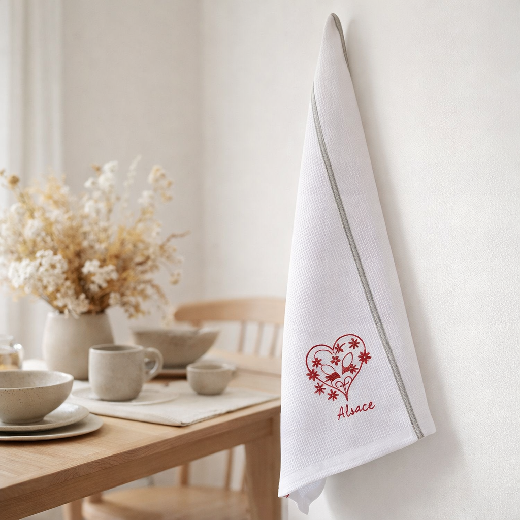 Torchon nid d'abeilles Cigogne Harz Alsace Blanc/gris 50 x 70 en situation