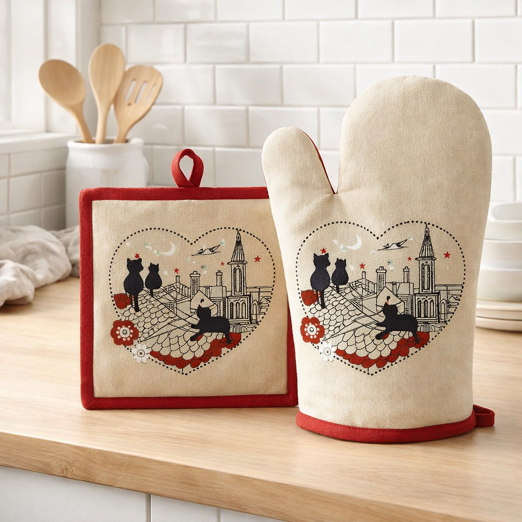 Gant de cuisine/Manique Chats Coeur Beige 18 x 28 en situation