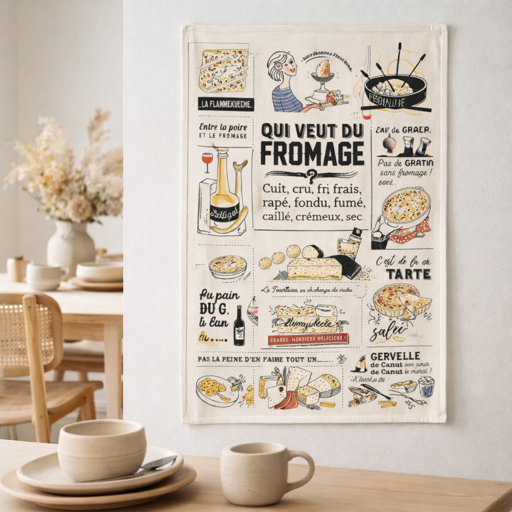 Torchon Qui veut du fromage Ecru 48 x 72 en situation