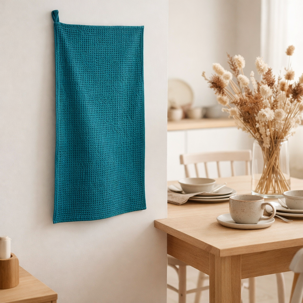 Torchon nid d'abeilles uni Mumba Paon 50 x 70 en situation