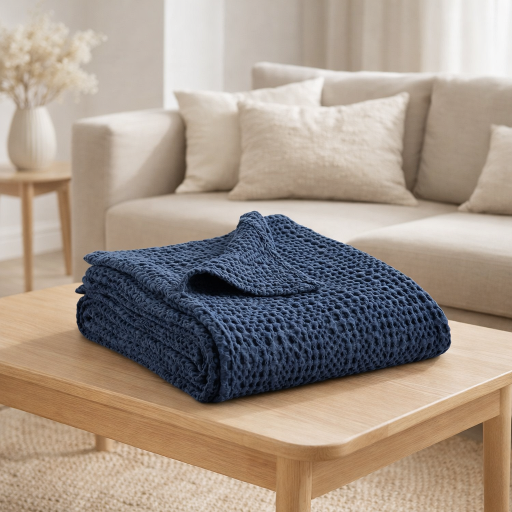 Plaid stonewashed Tana Cobalt 140 x 200 en situation