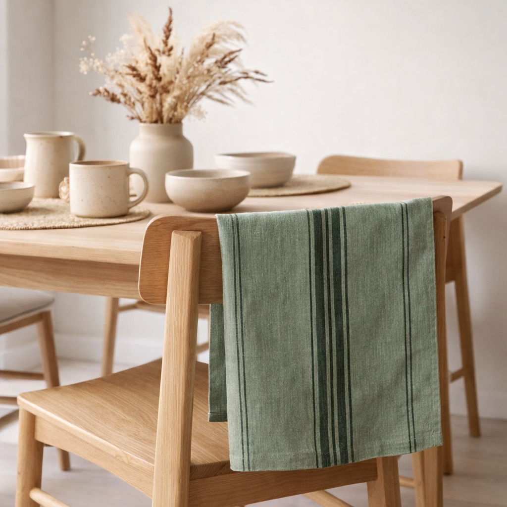 Torchon Metis Kilia Rayures Vert de Gris 50 x 70 en situation