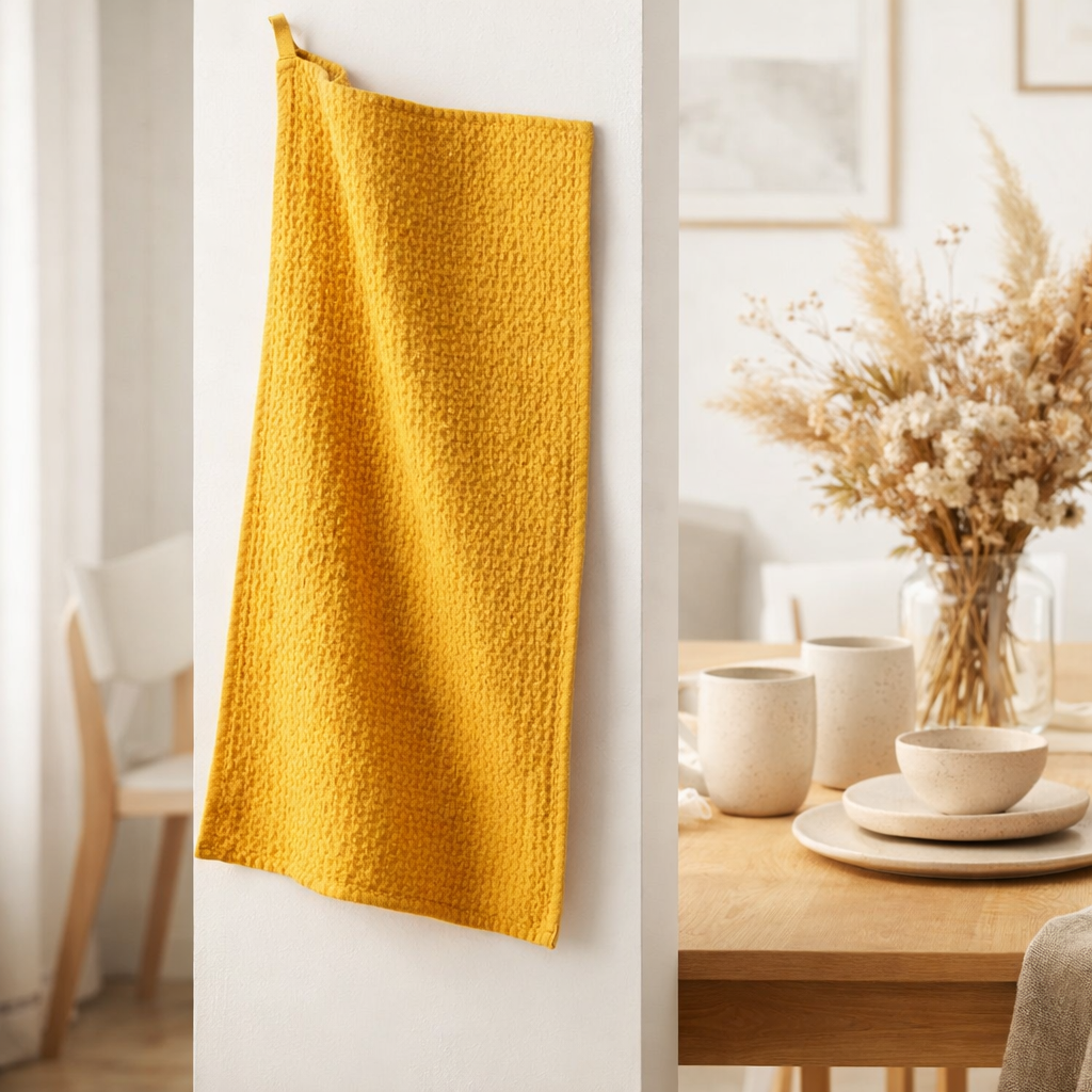 Torchon nid d'abeilles uni Mumba Tournesol 50 x 70 en situation