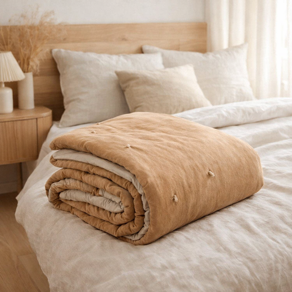 Plaid points noués Elise Camel 140 x 200 en situation
