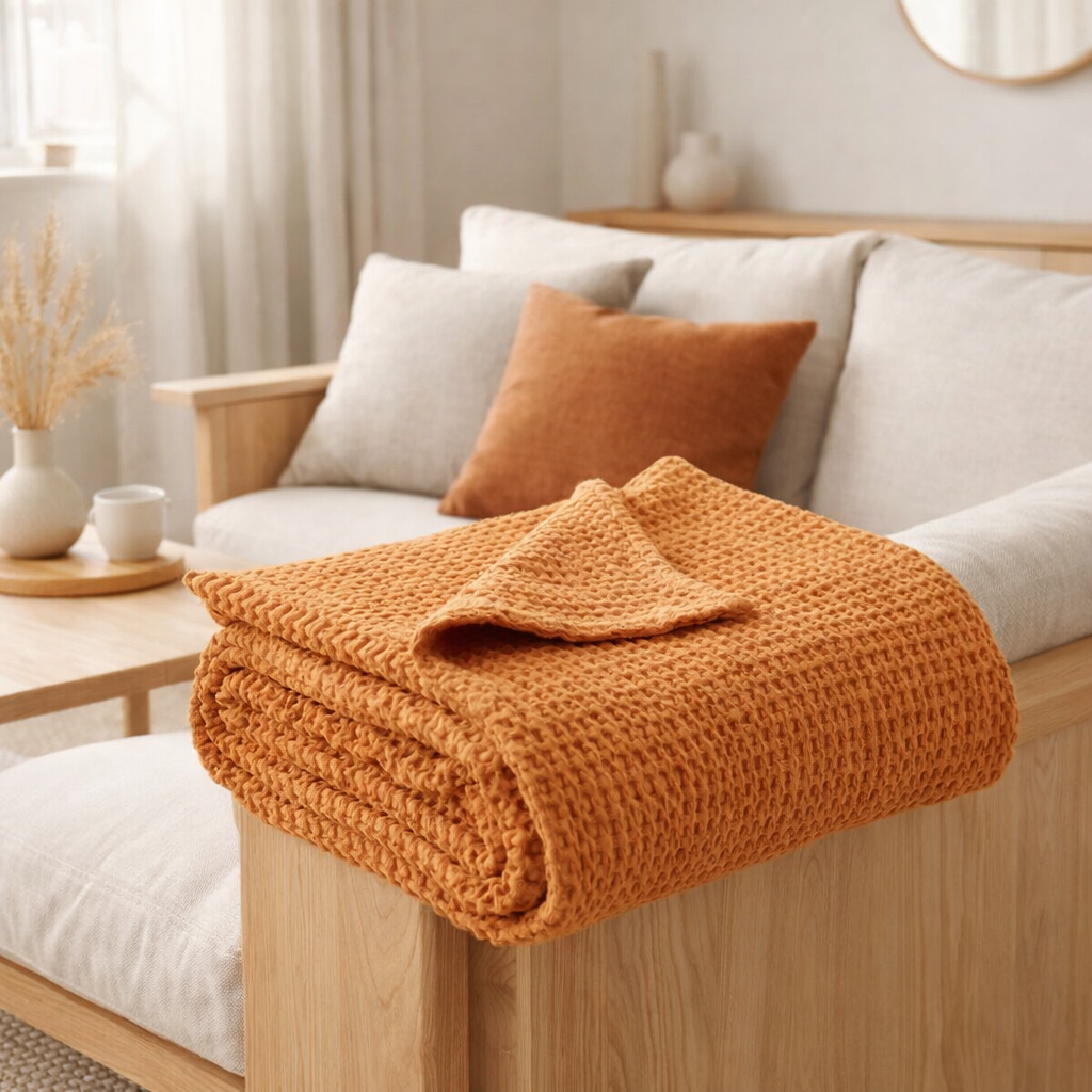Plaid stonewashed Tana Moutarde 140 x 200 en situation