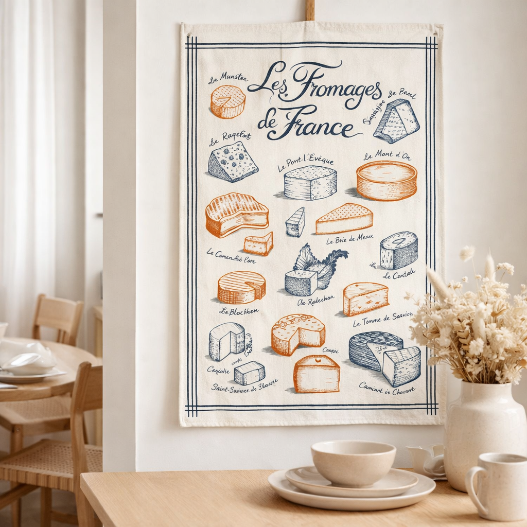 Torchon Imprimé Fromages de France Écru 48 x 72 en situation