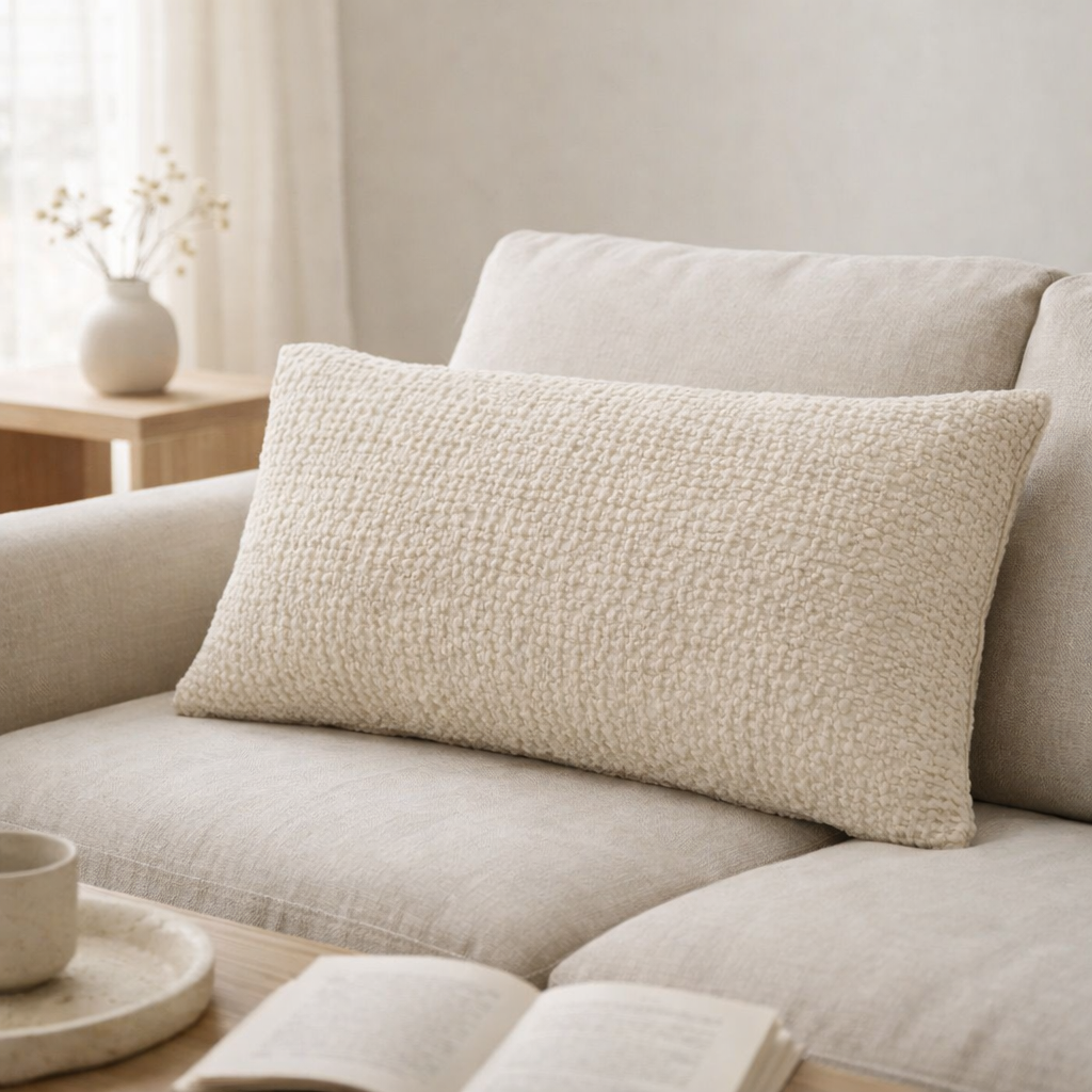 Coussin stonewashed Tana Crème 40 x 65 en situation