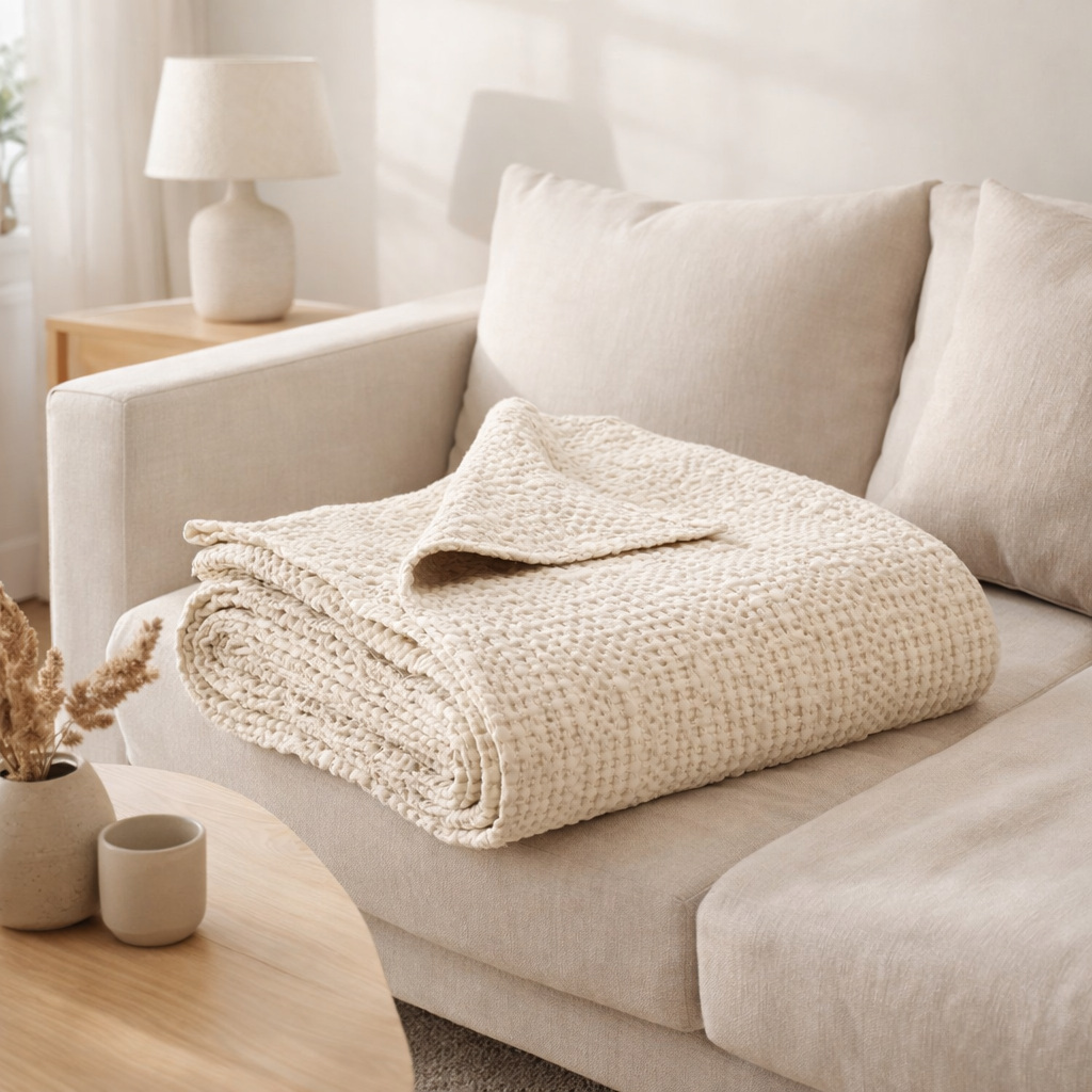 Plaid stonewashed Tana Crème 140 x 200 en situation