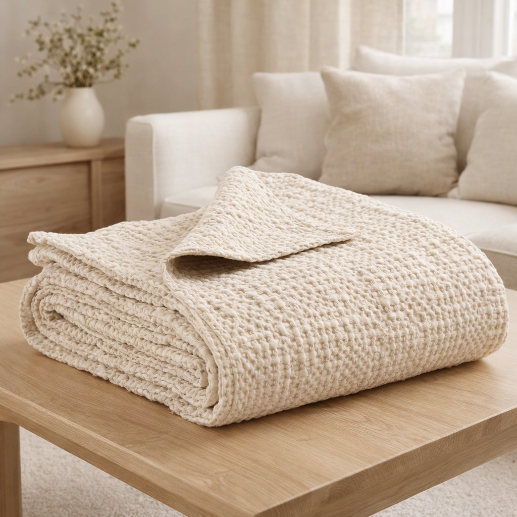 Jeté stonewashed Tana Crème 180 x 260 en situation
