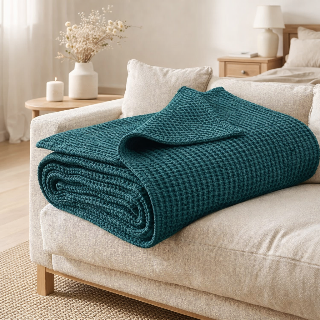 Plaid stonewashed Maia Pétrole 140 x 200 en situation