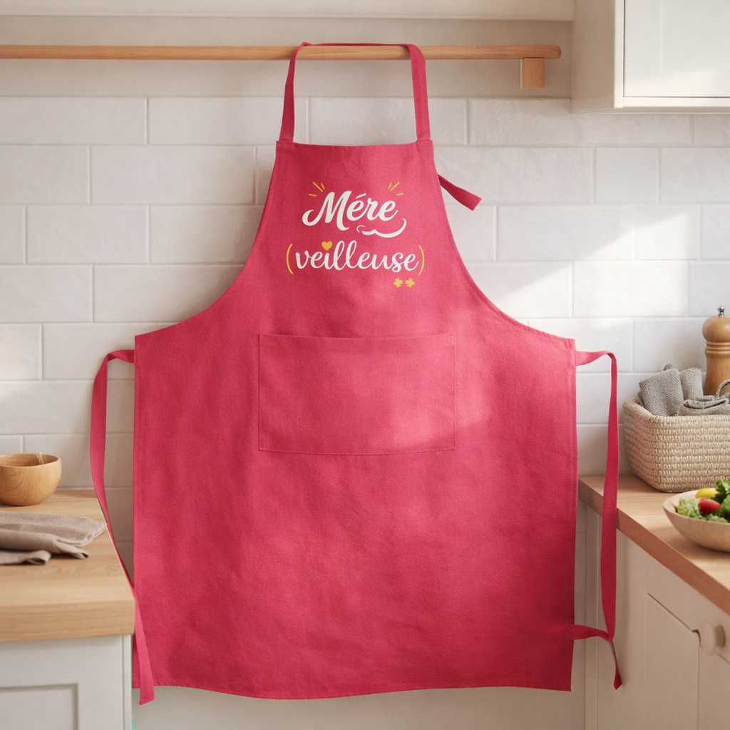 Tablier de cuisine Mère-veilleuse recyclé Rose 72 x 90 en situation