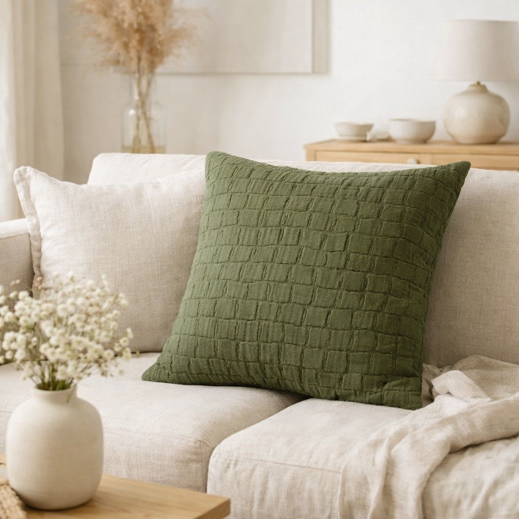 Coussin stonewashed Swami Olive 45 x 45 en situation