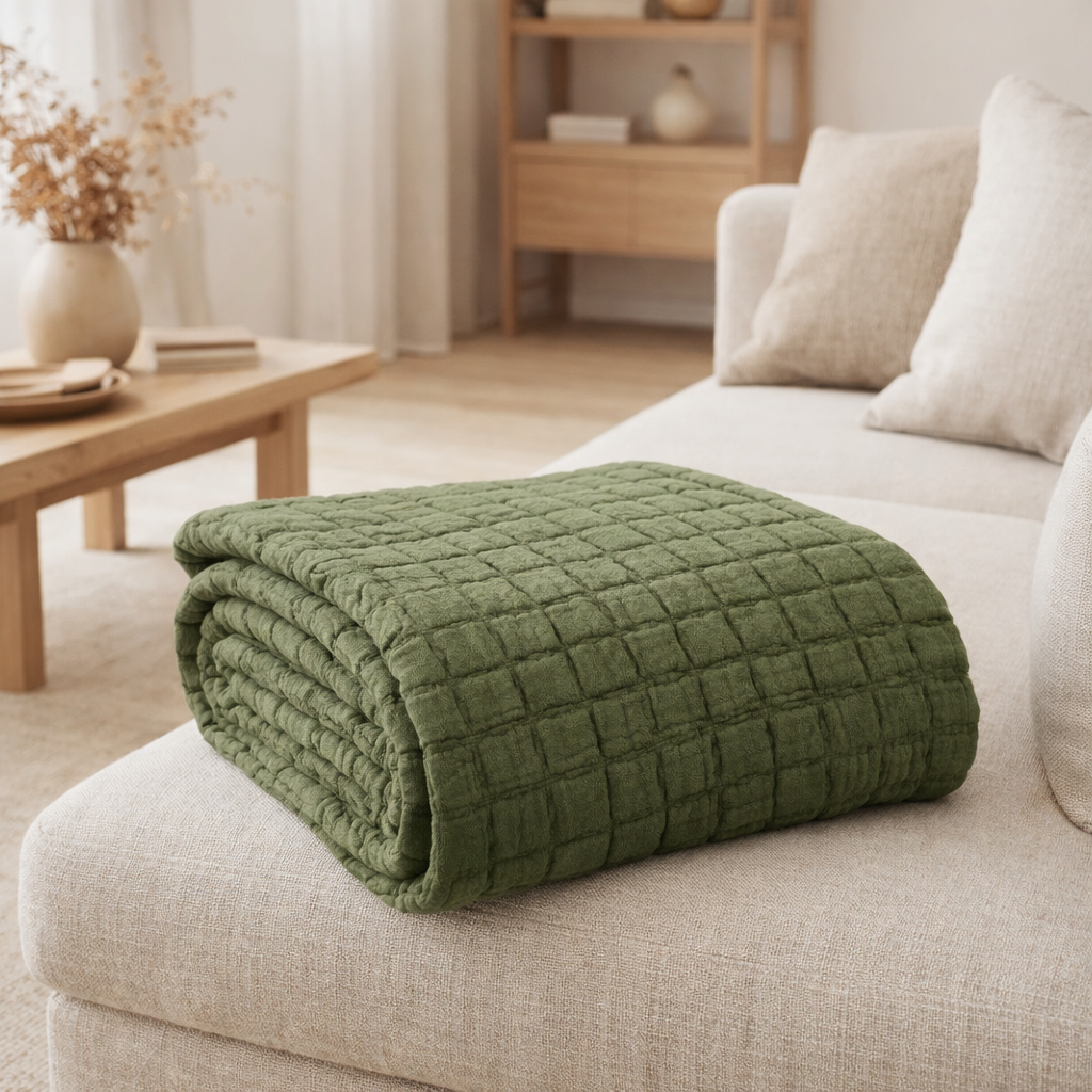 Plaid stonewashed Swami Olive 130 x 200 en situation