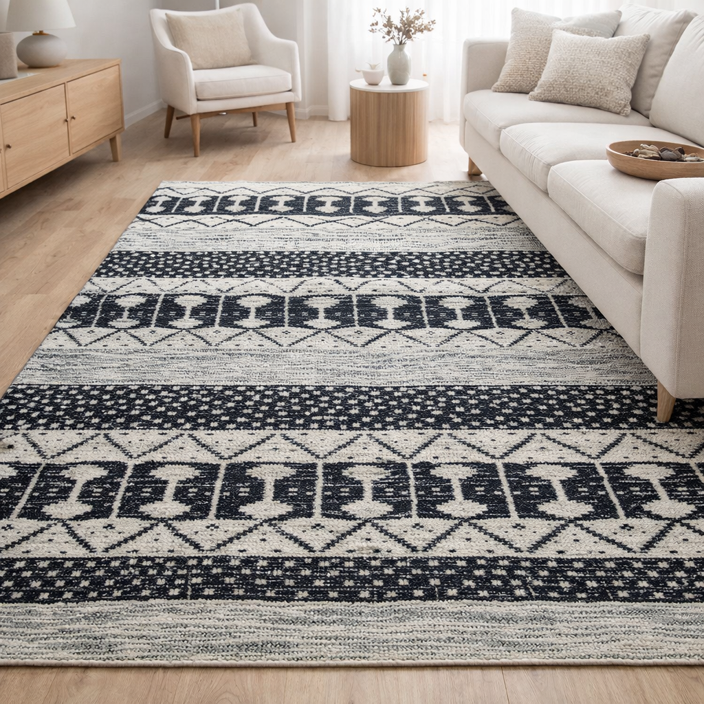 Tapis Zambèze Ivoire/charbon 160 x 230 en situation