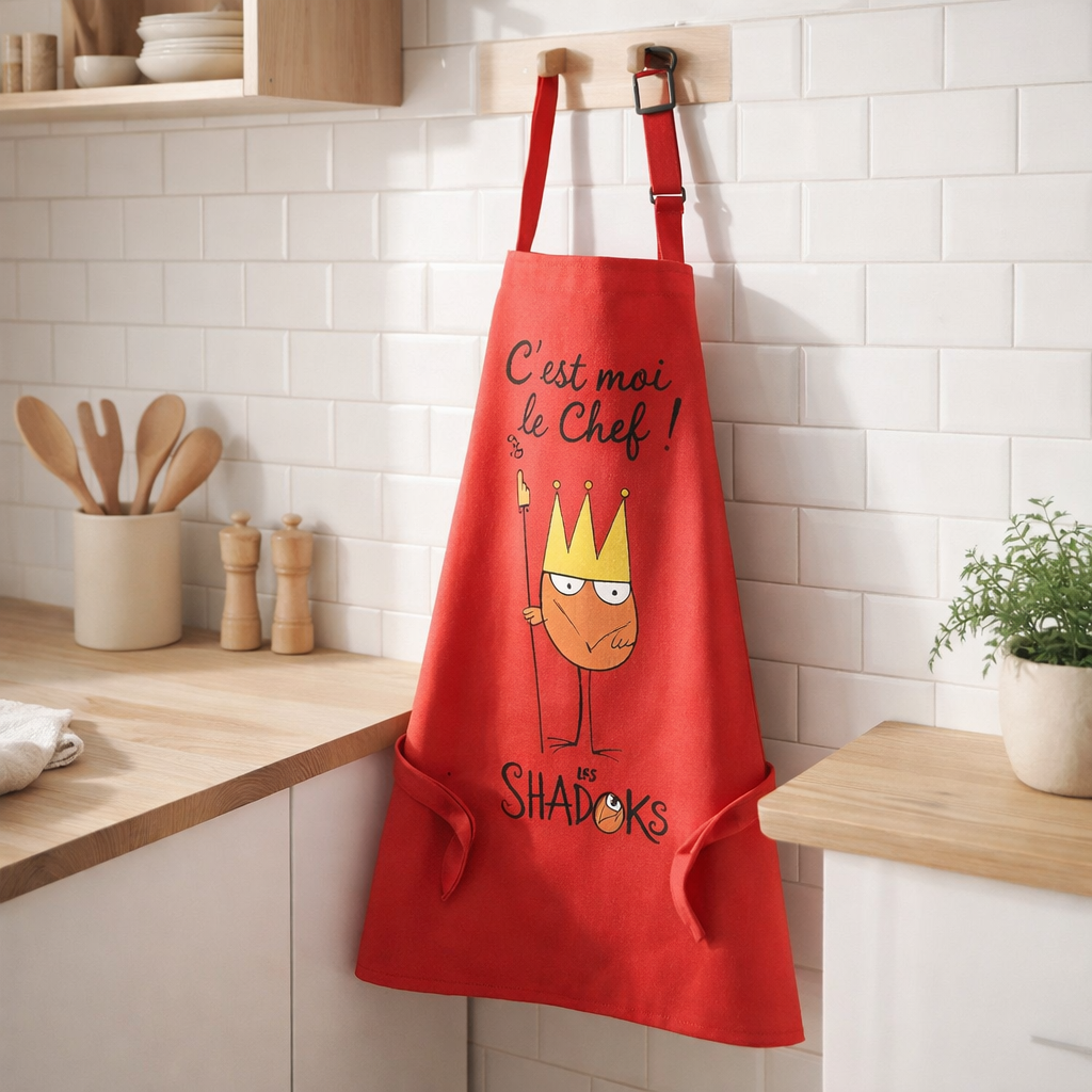 Tablier de cuisine enfant Shadok Roi Chef Rouge 52 x 63 en situation