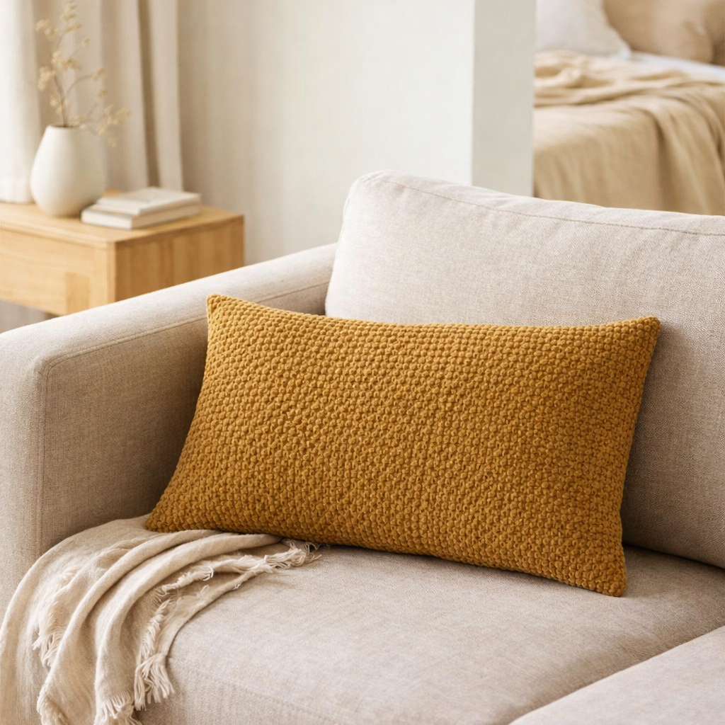 Coussin stonewashed Maia Bronze 30 x 50 en situation