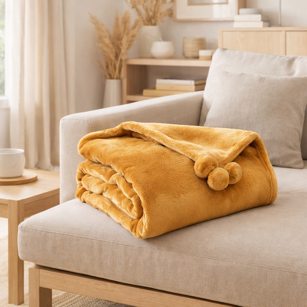 Plaid Tender pompons Ocre 130 x 170 en situation