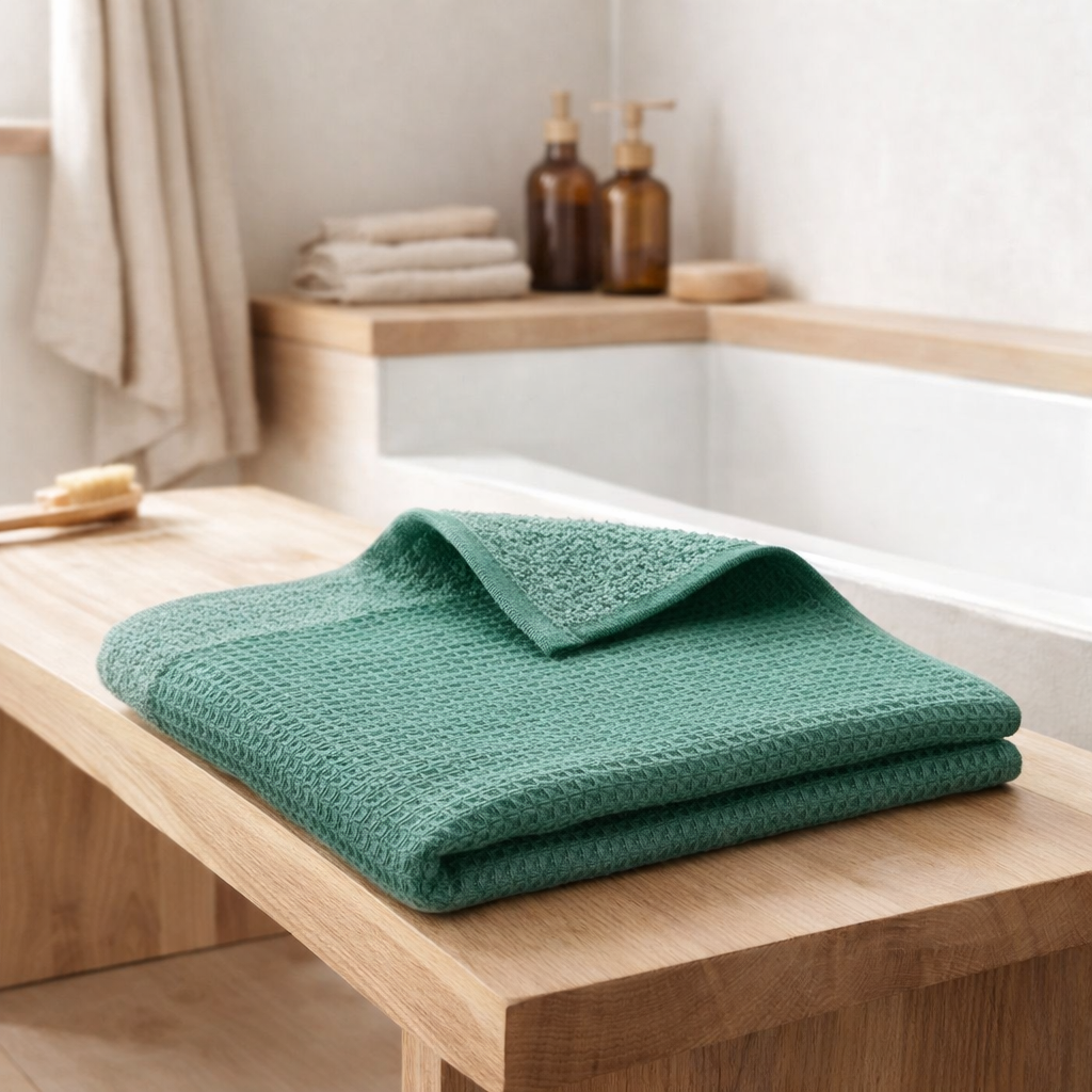 Drap de bain recyclé Abby Emeraude 90 x 150 en situation