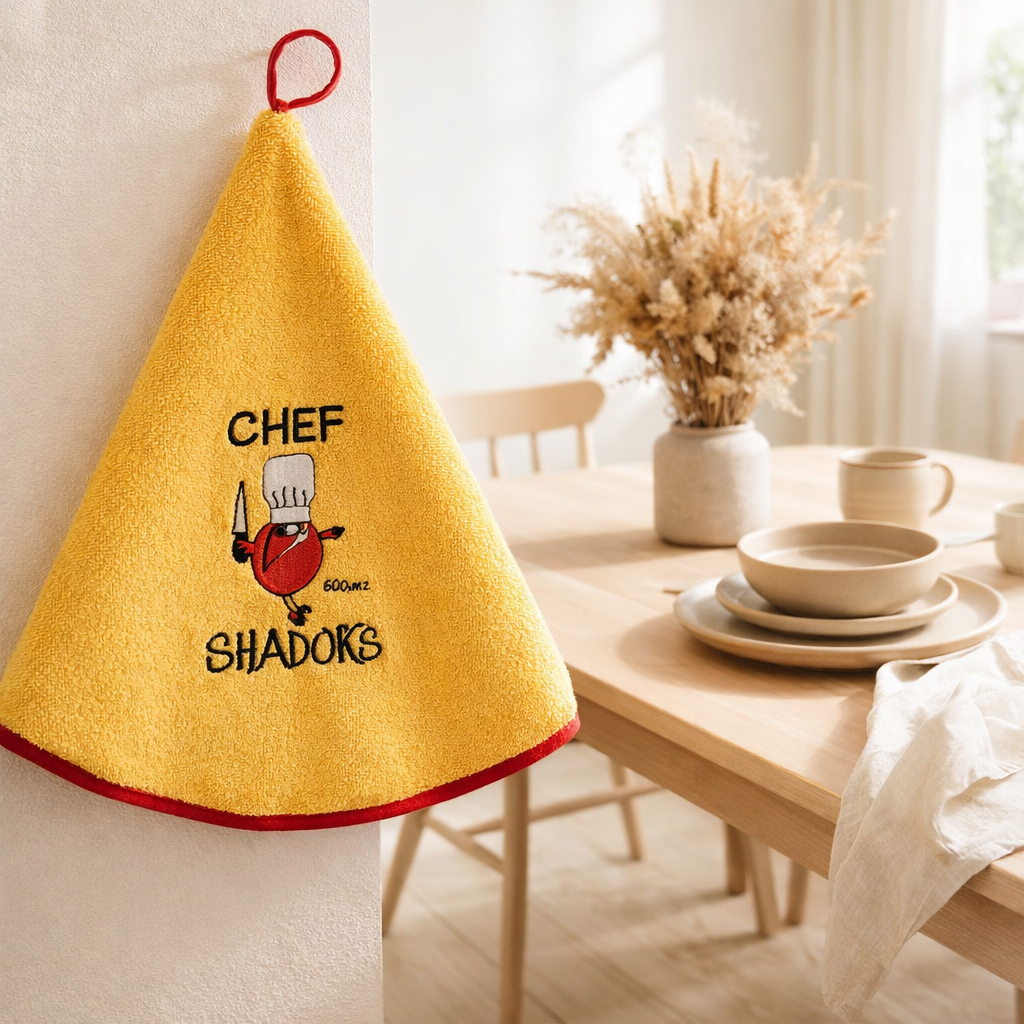 Essuie-main Chef Shadoks Jaune Diamètre 60 en situation