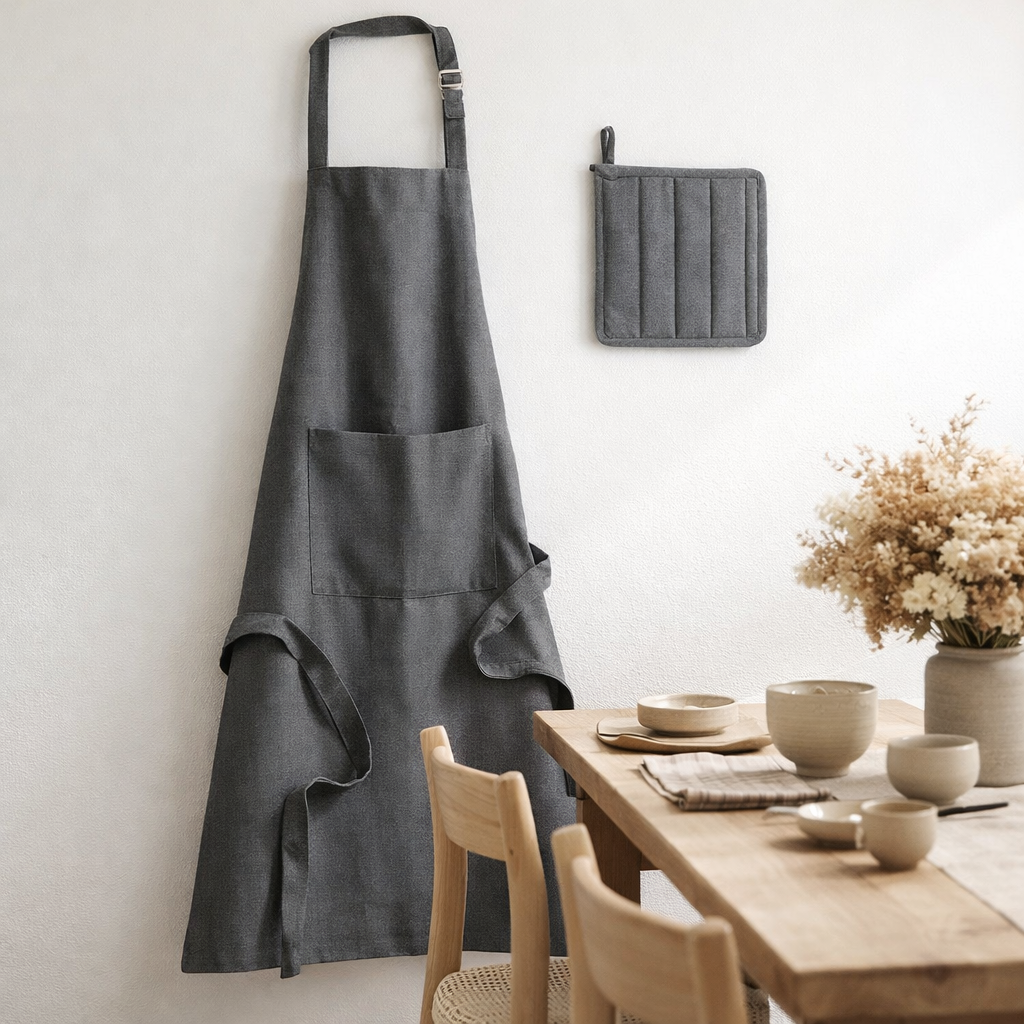 Lot Tablier de cuisine et manique Dona recyclé Ombre 85 x 72 en situation