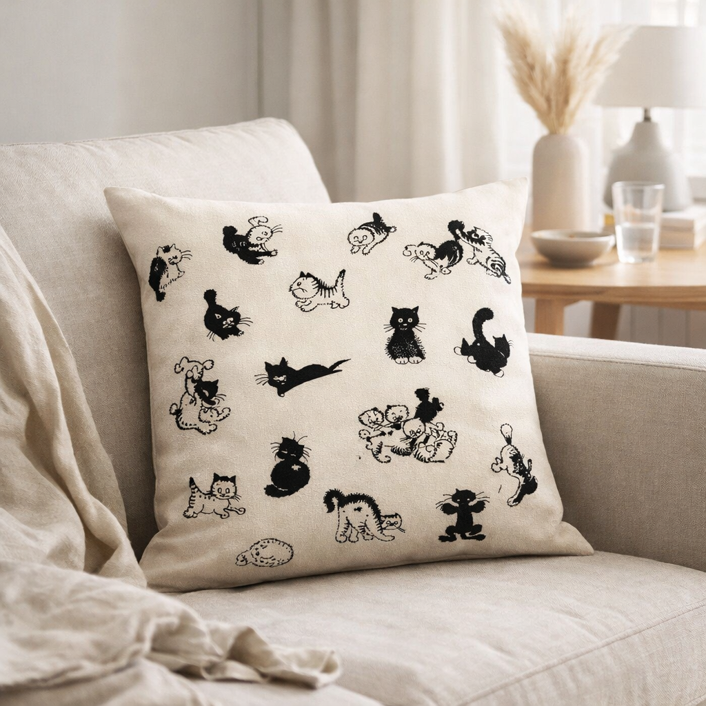Coussin Dubout Les chatons Ecru 45 x 45 en situation