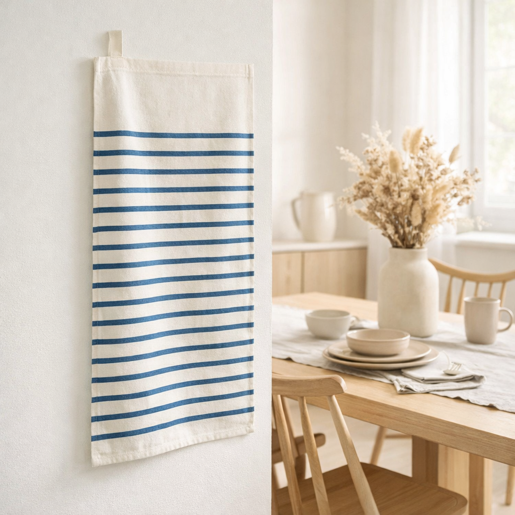 Torchon Nalou Ivoire/bleu 50 x 70 en situation