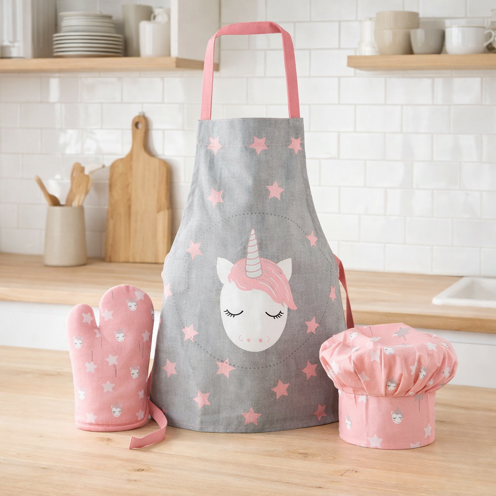 Tablier, toque et gant de cuisine Unicorn Perle 52 x 63 en situation