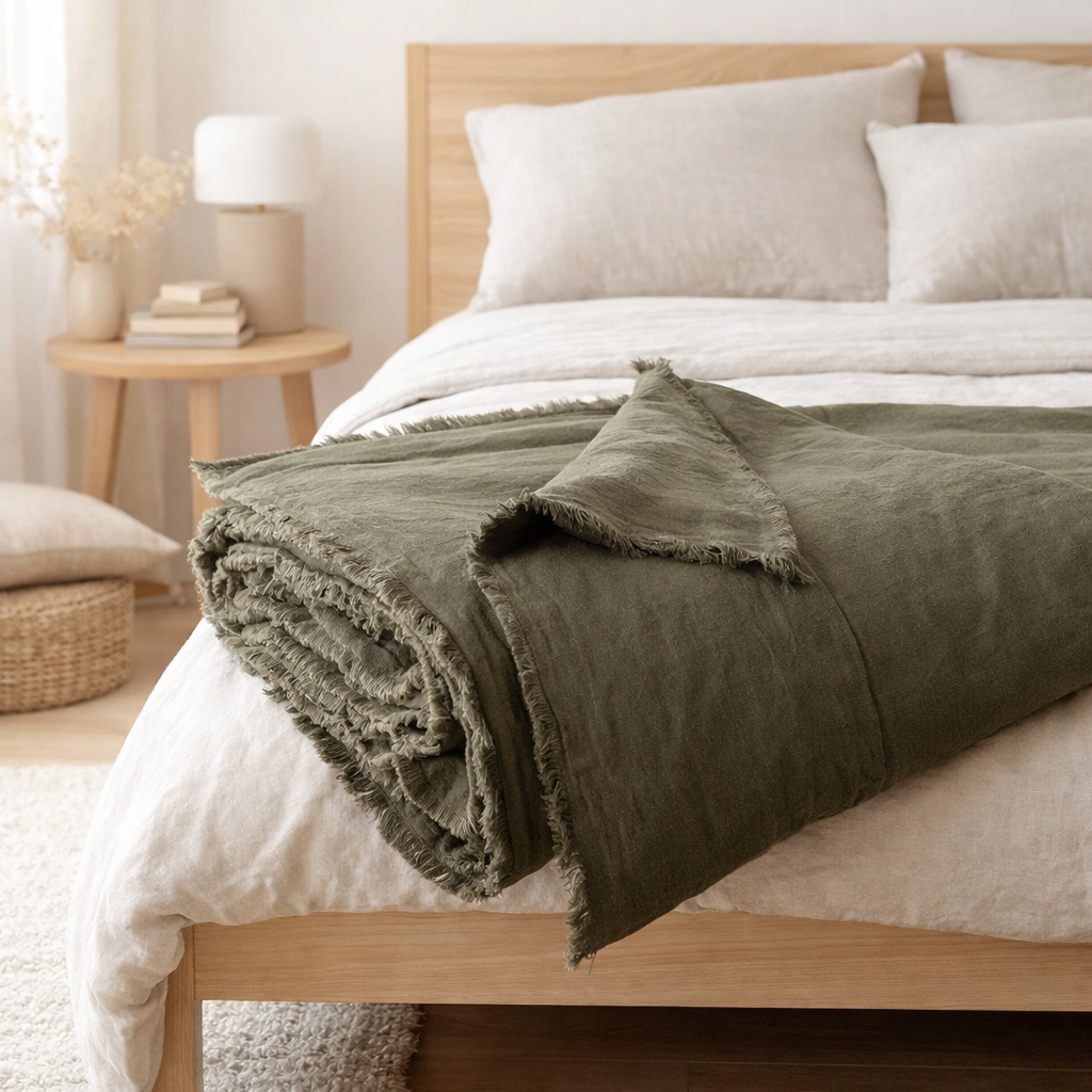 Édredon uni Laly Olive 85 x 200 en situation