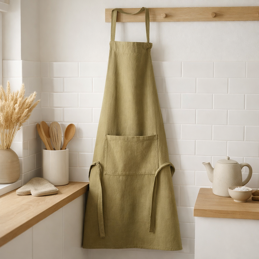 Tablier de cuisine recyclé Ada Kaki 72 x 85 en situation