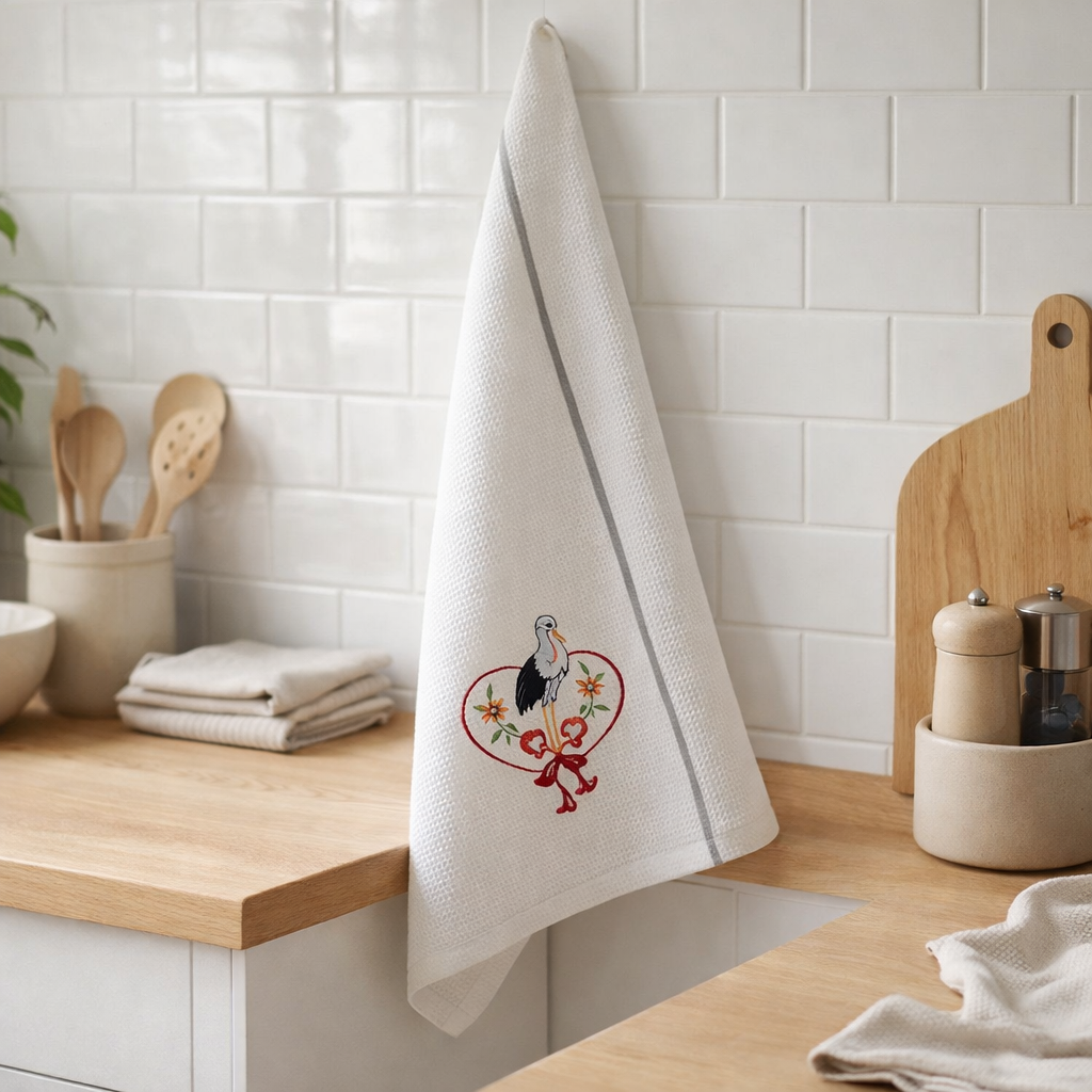 Torchon nid d'abeilles Cigogne fleurs Alsace Blanc/gris 50 x 70 en situation