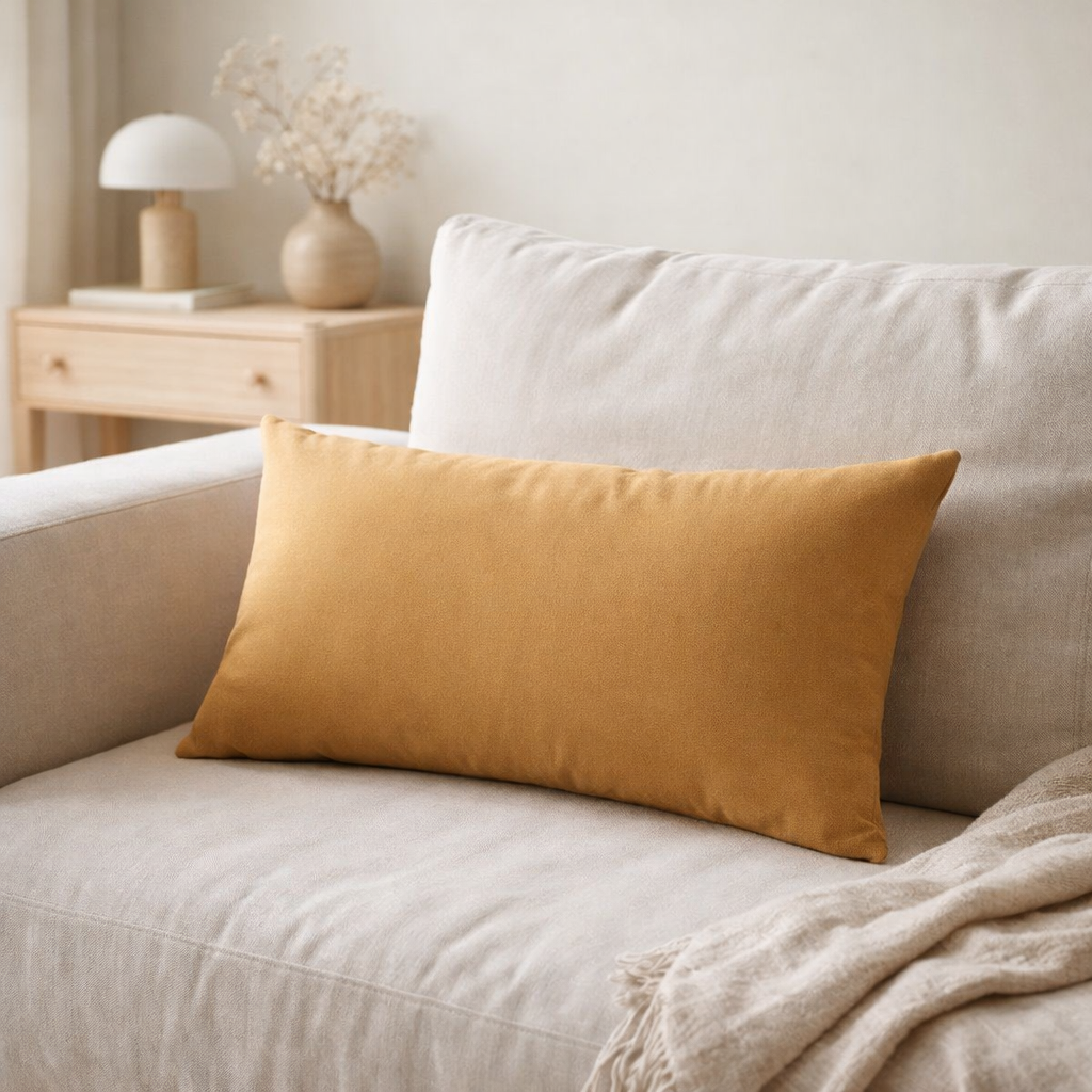 Coussin recyclé Gianni Mirabelle 30 x 50 en situation