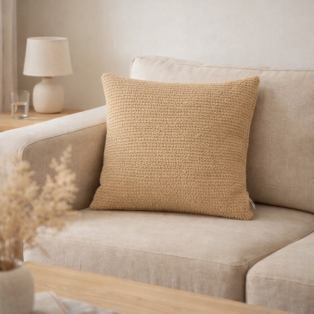 Coussin Stonewashed Maia Sable 45 x 45 en situation