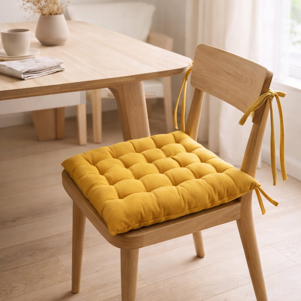Galette de chaise 36 points Zea recyclée Tournesol 38 x 38 x 3 cm en situation
