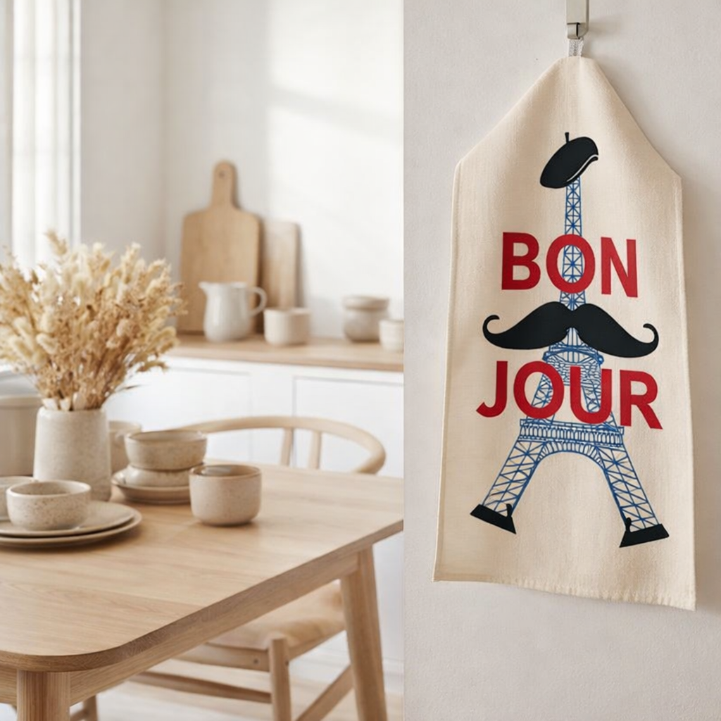Torchon Bonjour Ecru 48 x 72 en situation