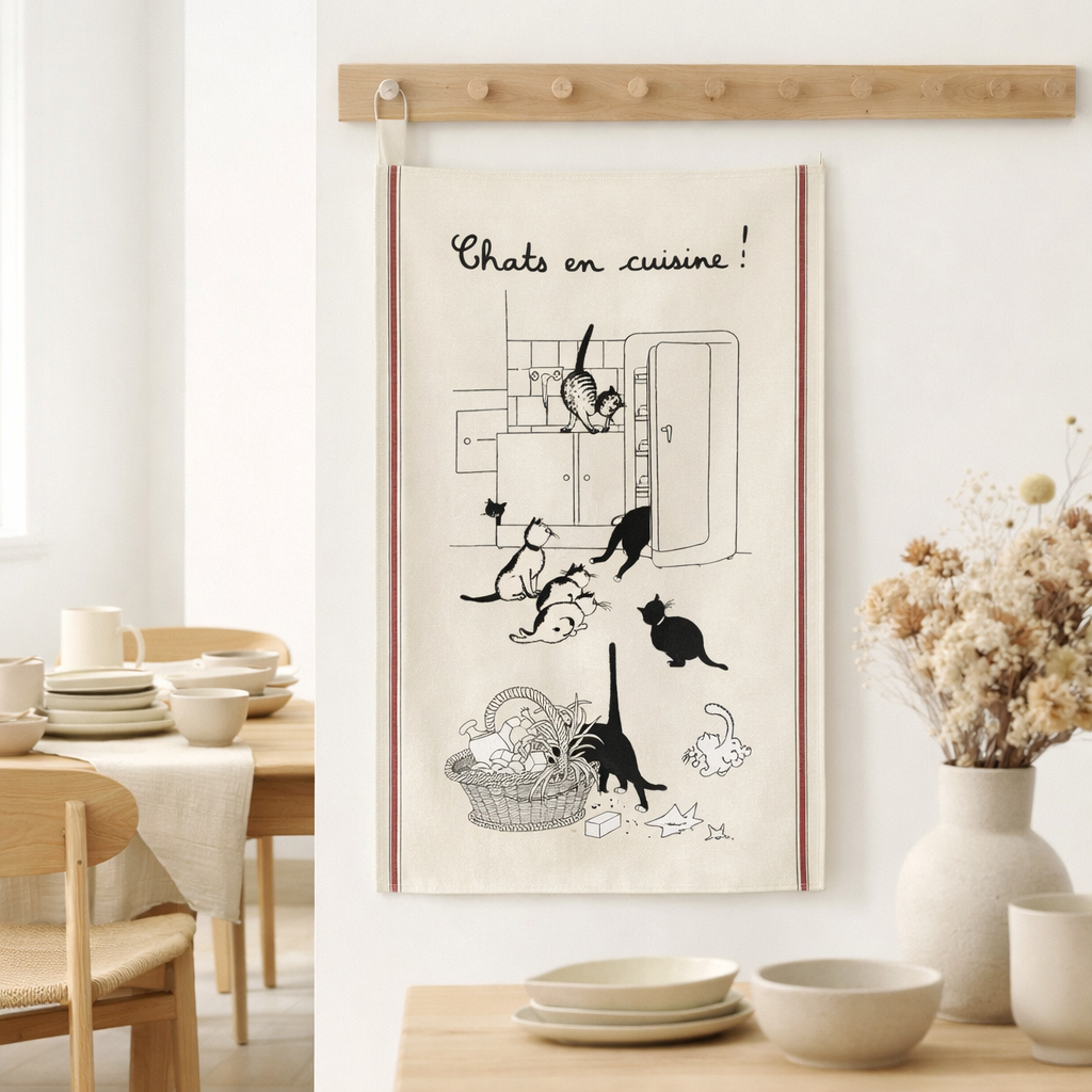 Grand Torchon Dubout Chats En Cuisine Ecru 60 X 80 en situation