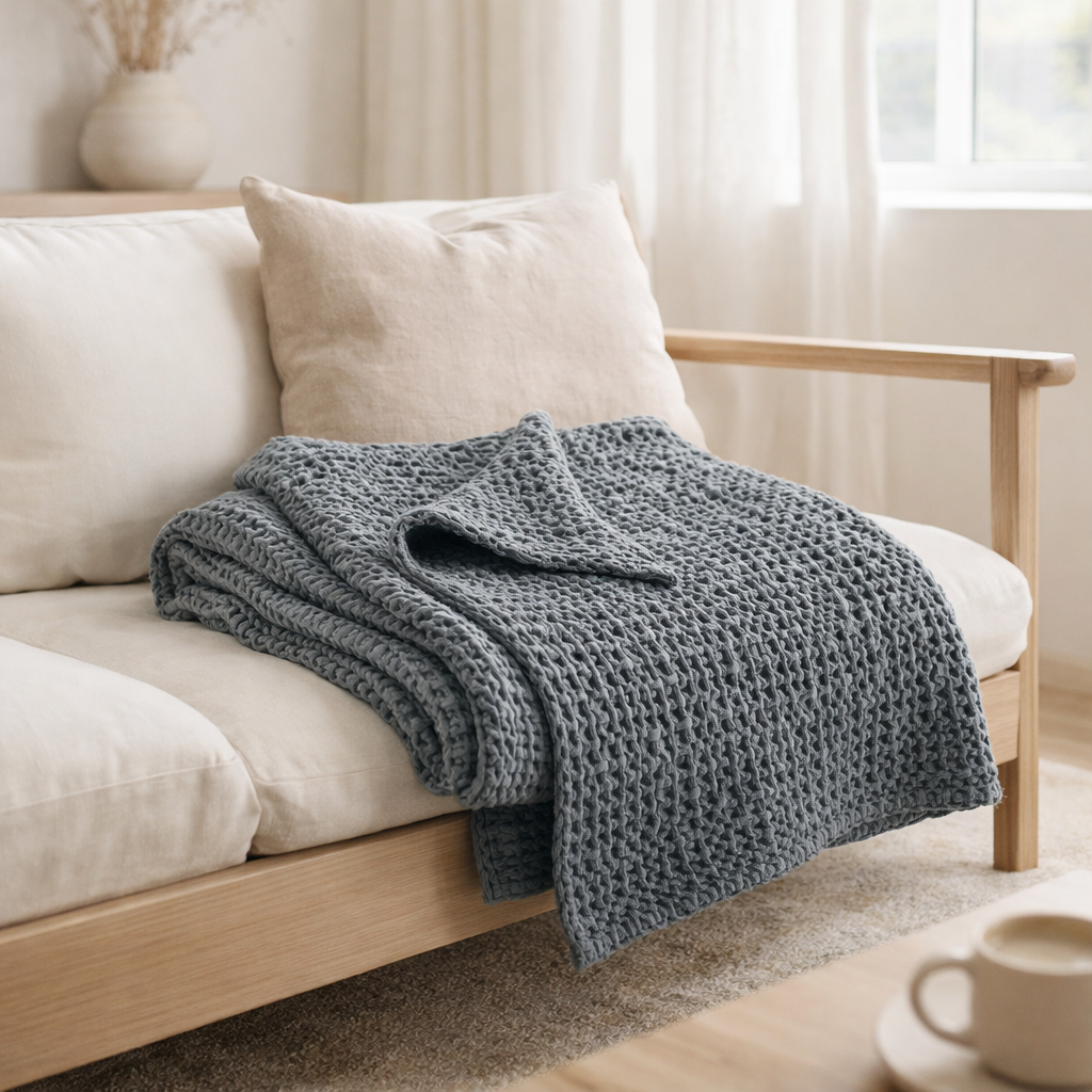 Jeté stonewashed Tana Cendre 180 x 260 en situation
