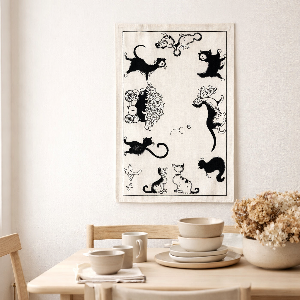 Torchon Dubout Chats farandole Ecru 48 x 72 en situation