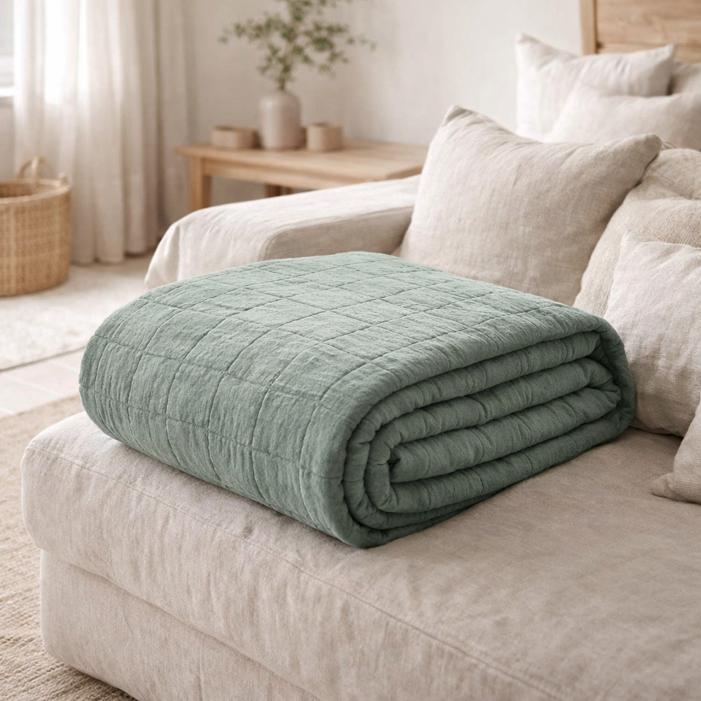 Jeté recyclé Titou Vert de gris 260 x 260 en situation